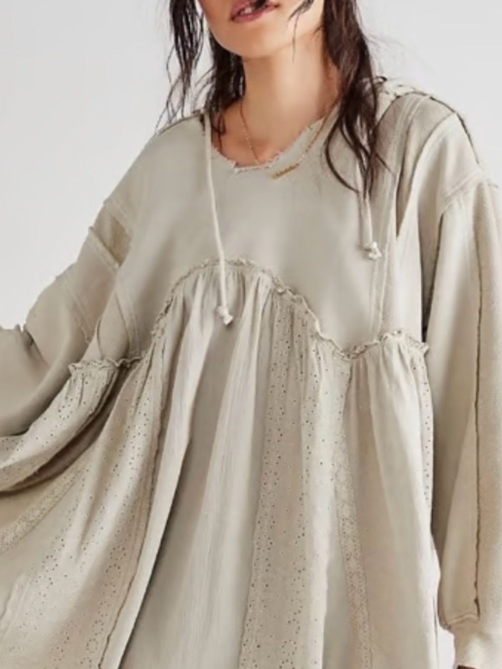 Free People Juniper Hoodie Oversized Eyelet Peasant Tunic in Light Beige